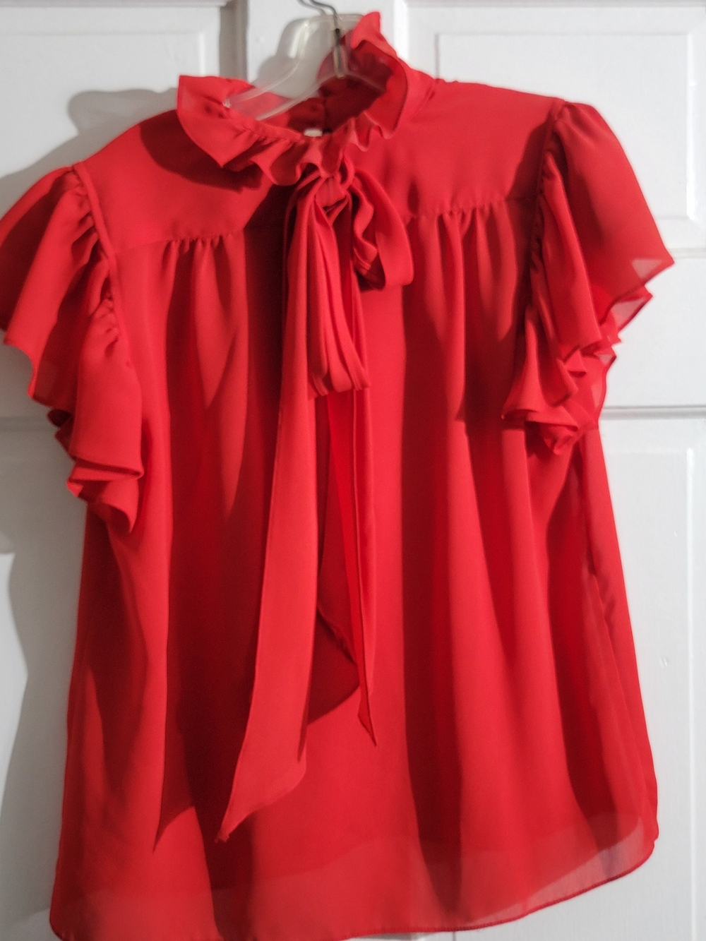 Red Tie-Neck Ruffle Sleeve Blouse